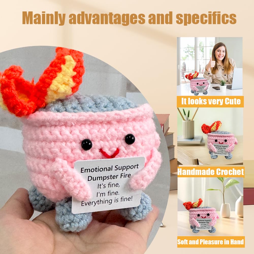 RovyFota Emotional Support Crochet Dumpster Fire – Pink Desk Buddy & Gift