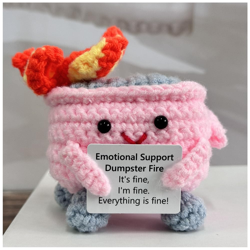 RovyFota Emotional Support Crochet Dumpster Fire – Pink Desk Buddy & Gift