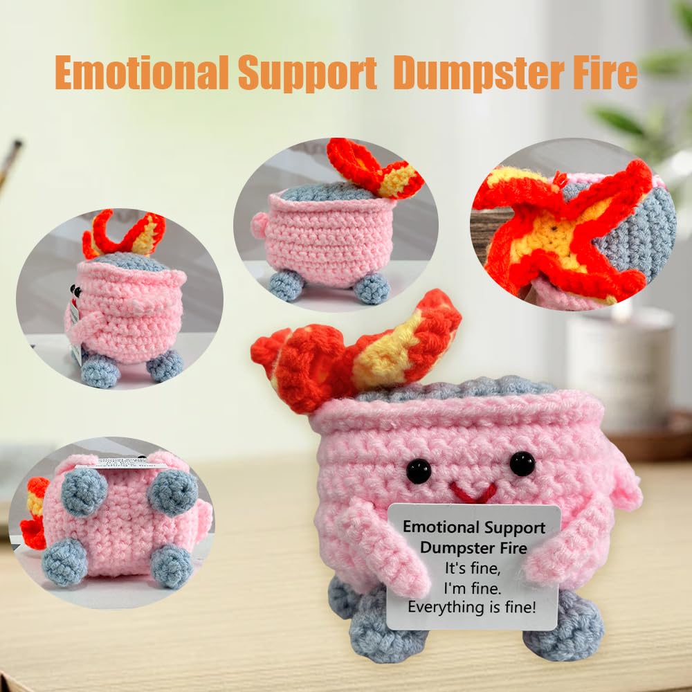 RovyFota Emotional Support Crochet Dumpster Fire – Pink Desk Buddy & Gift
