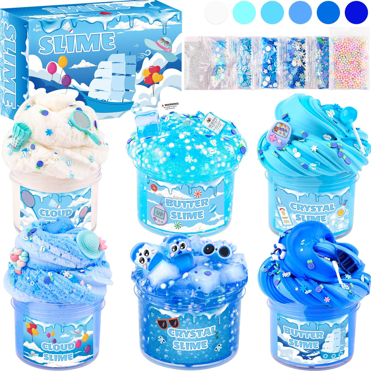 Rowecvce 6 Pack Slimes Kit – Blue Butter, Cloud & Crystal Clear Slimes for Kids