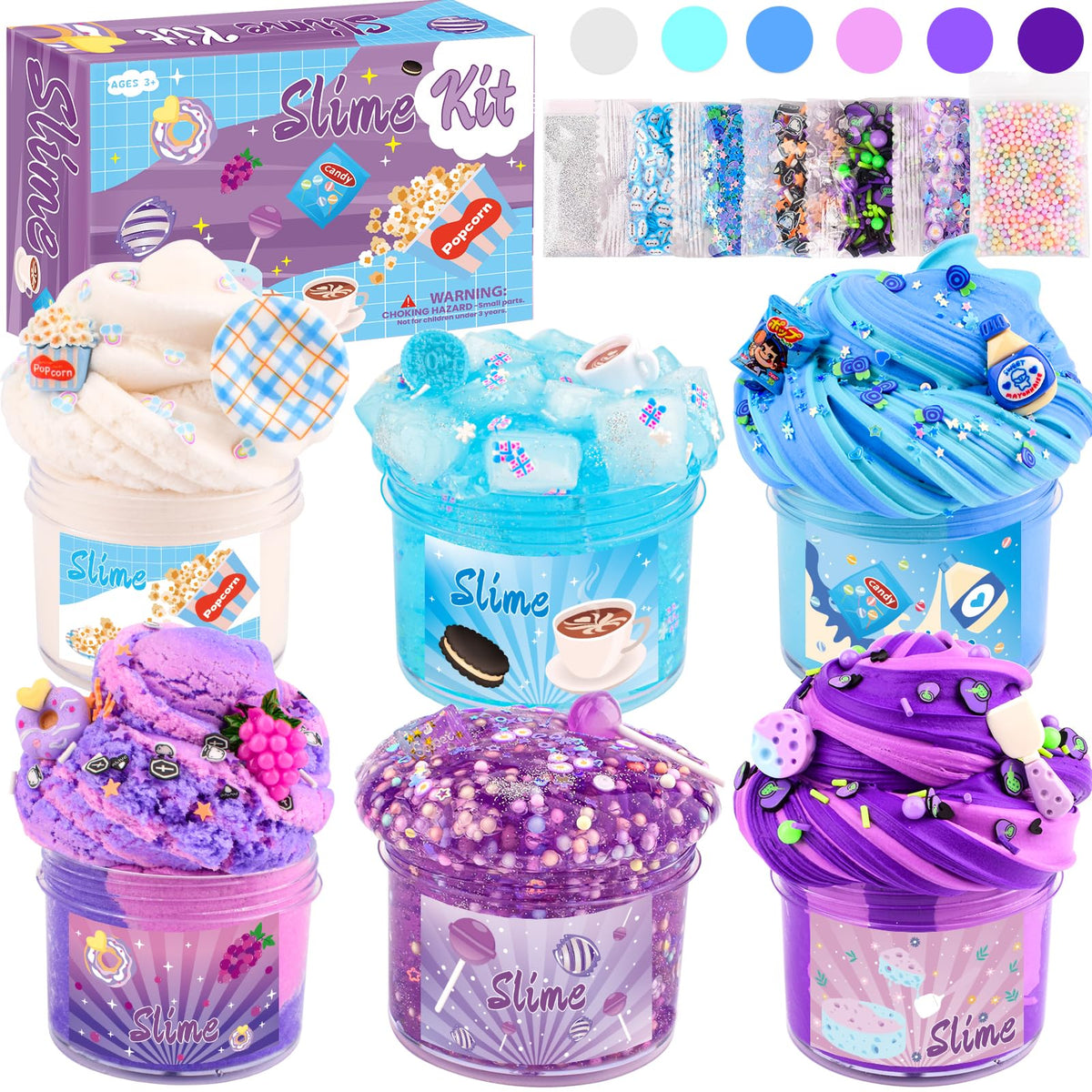Rowecvce 6 Pack Snacks Slime Kit for Kids - Cloud Butter, Blue & Purple Slimes