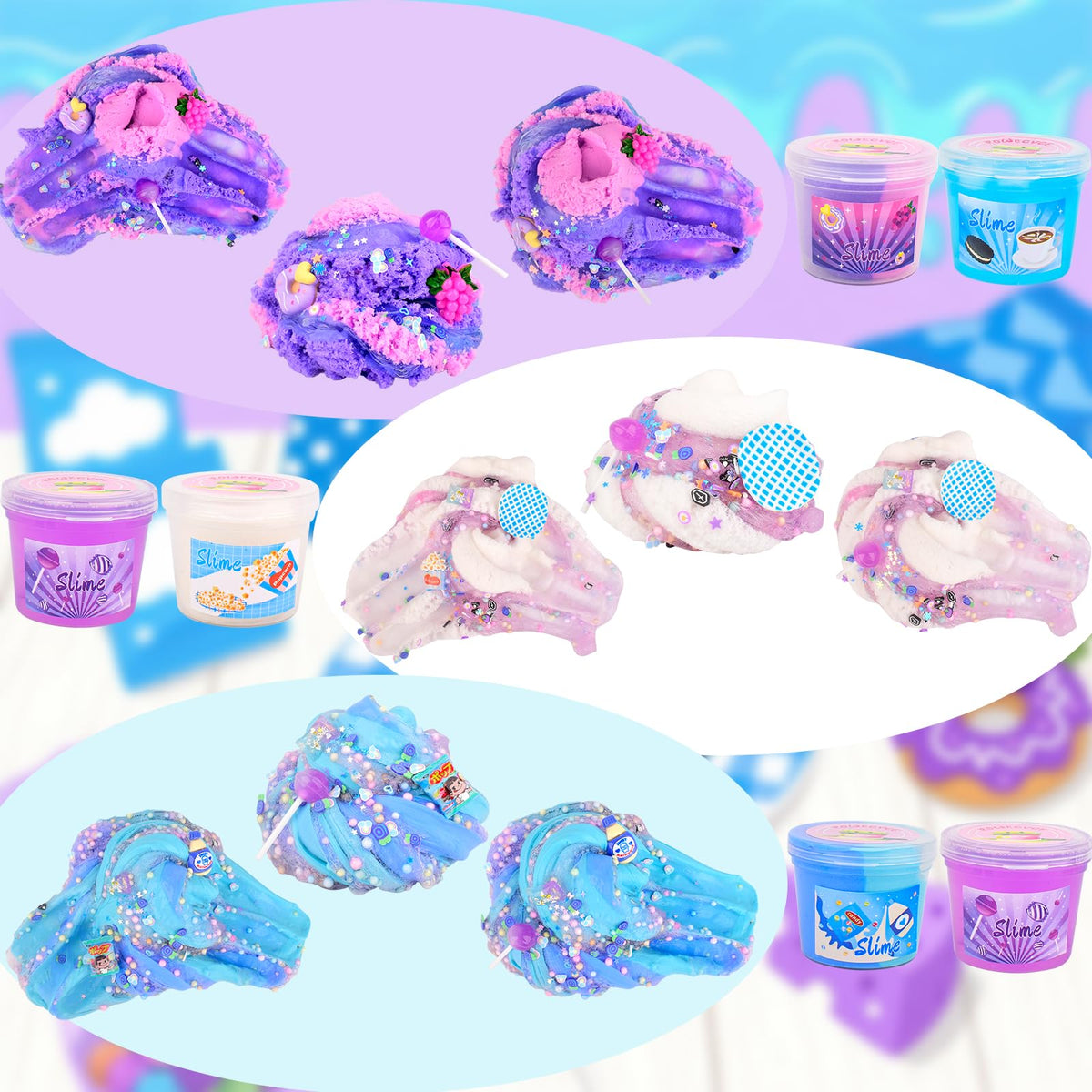 Rowecvce 6 Pack Snacks Slime Kit for Kids - Cloud Butter, Blue & Purple Slimes