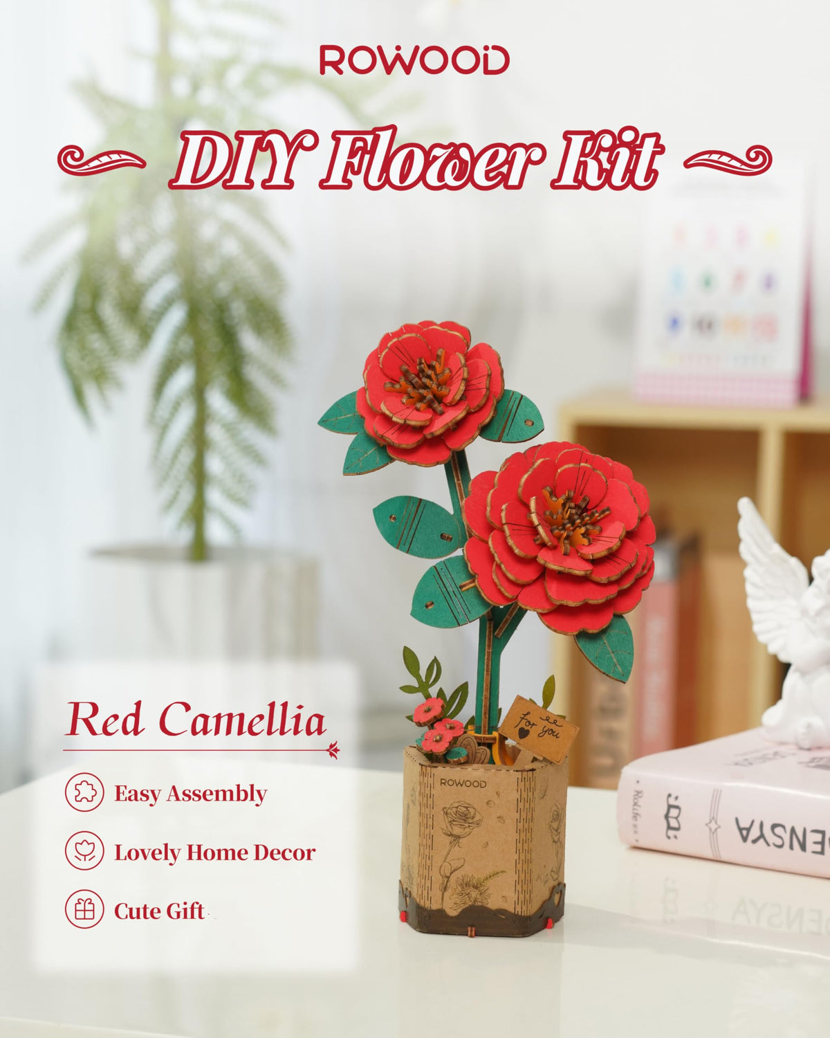 Rowood 3D Puzzle Artificial Flower – DIY Wooden Flower Craft Kit for Gifts & Decor