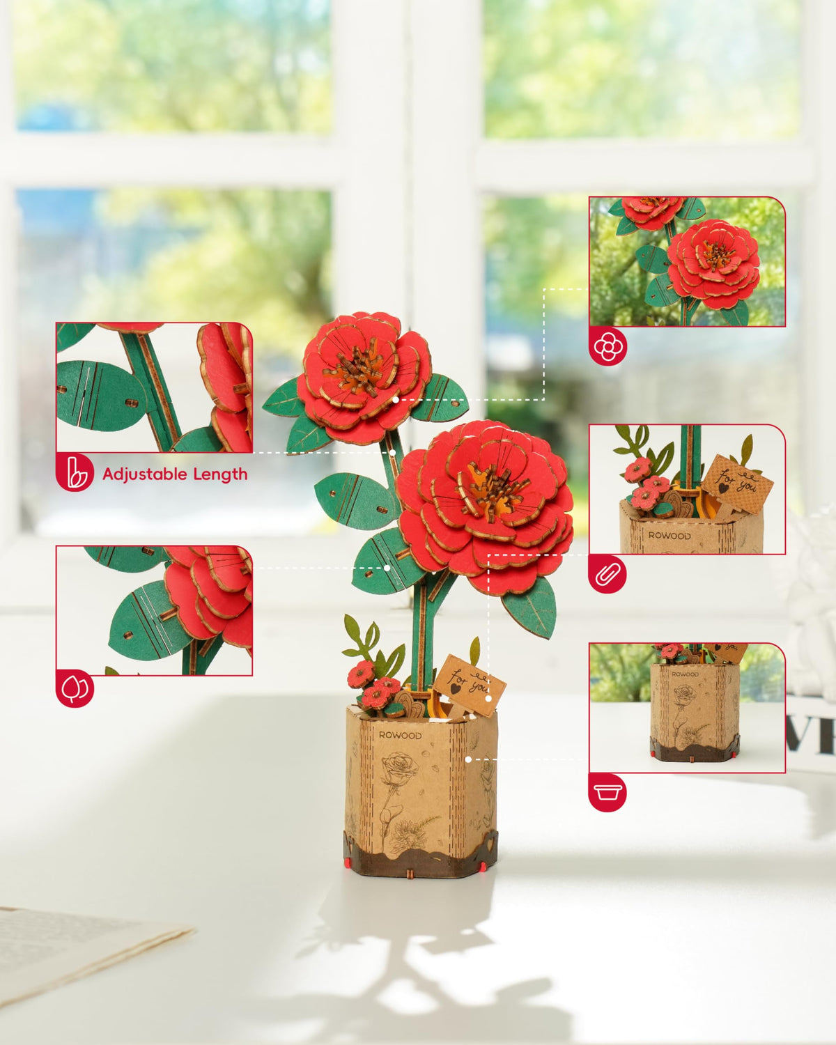 Rowood 3D Puzzle Artificial Flower – DIY Wooden Flower Craft Kit for Gifts & Decor