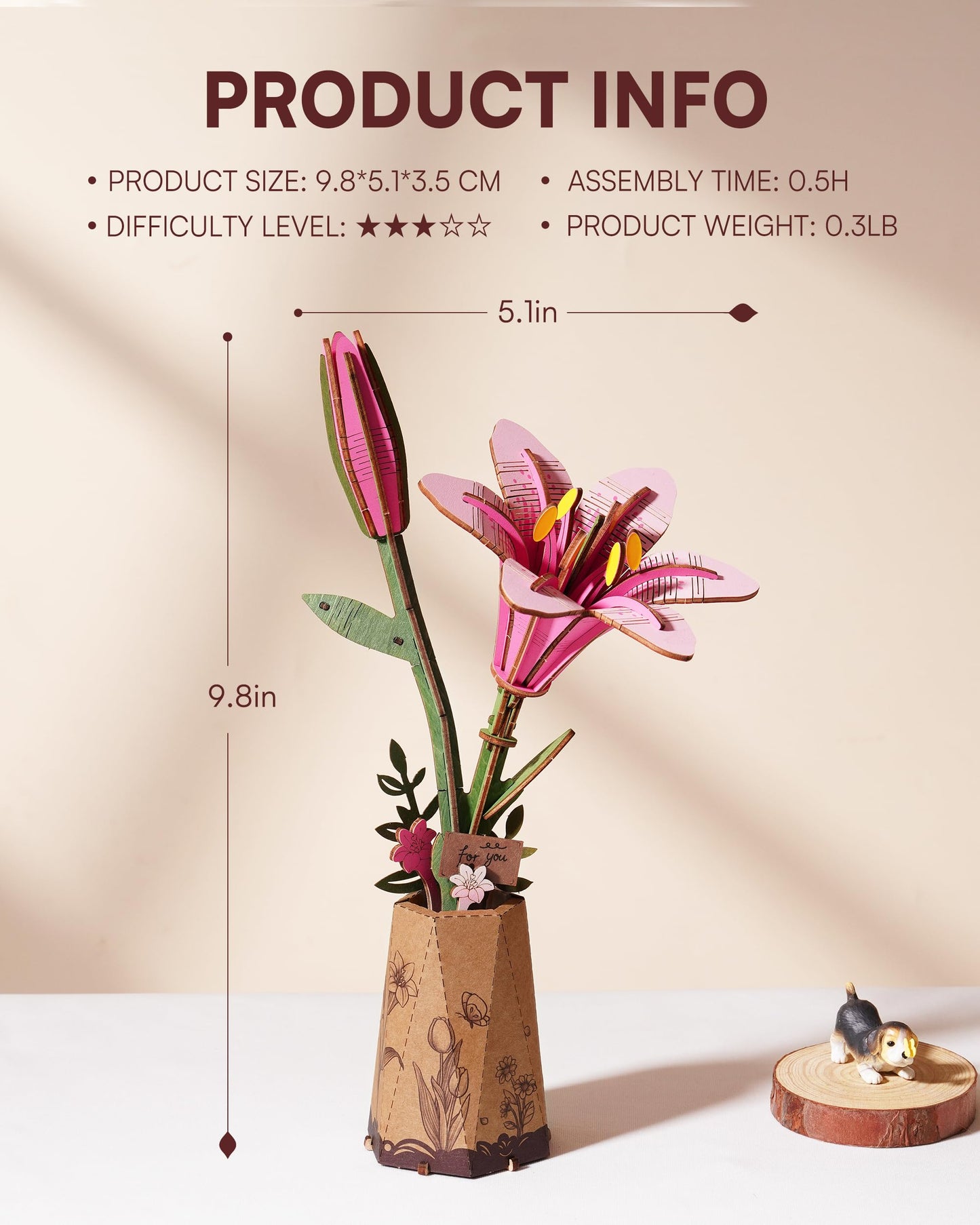 Rowood Wooden Flower Kit – DIY 3D Flower Puzzle for Adults | Pink Lily