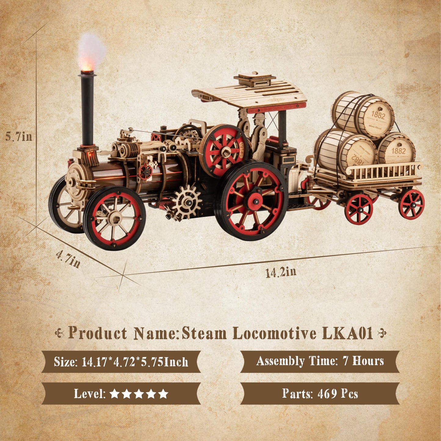 Rowood 3D Wooden Puzzle: Steam Locomotive Kit 1:28 Scale, 469 Pcs, 6-H Assembly