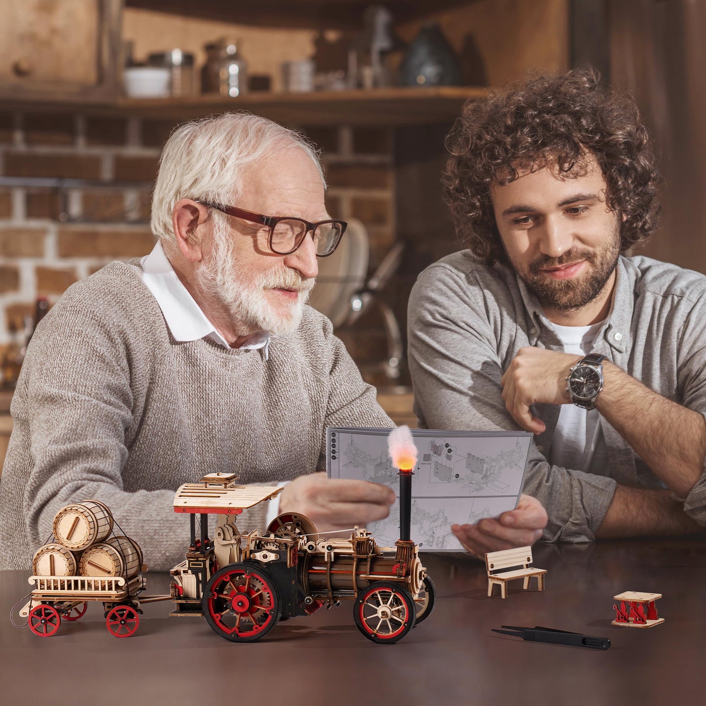 Rowood 3D Wooden Puzzle: Steam Locomotive Kit 1:28 Scale, 469 Pcs, 6-H Assembly