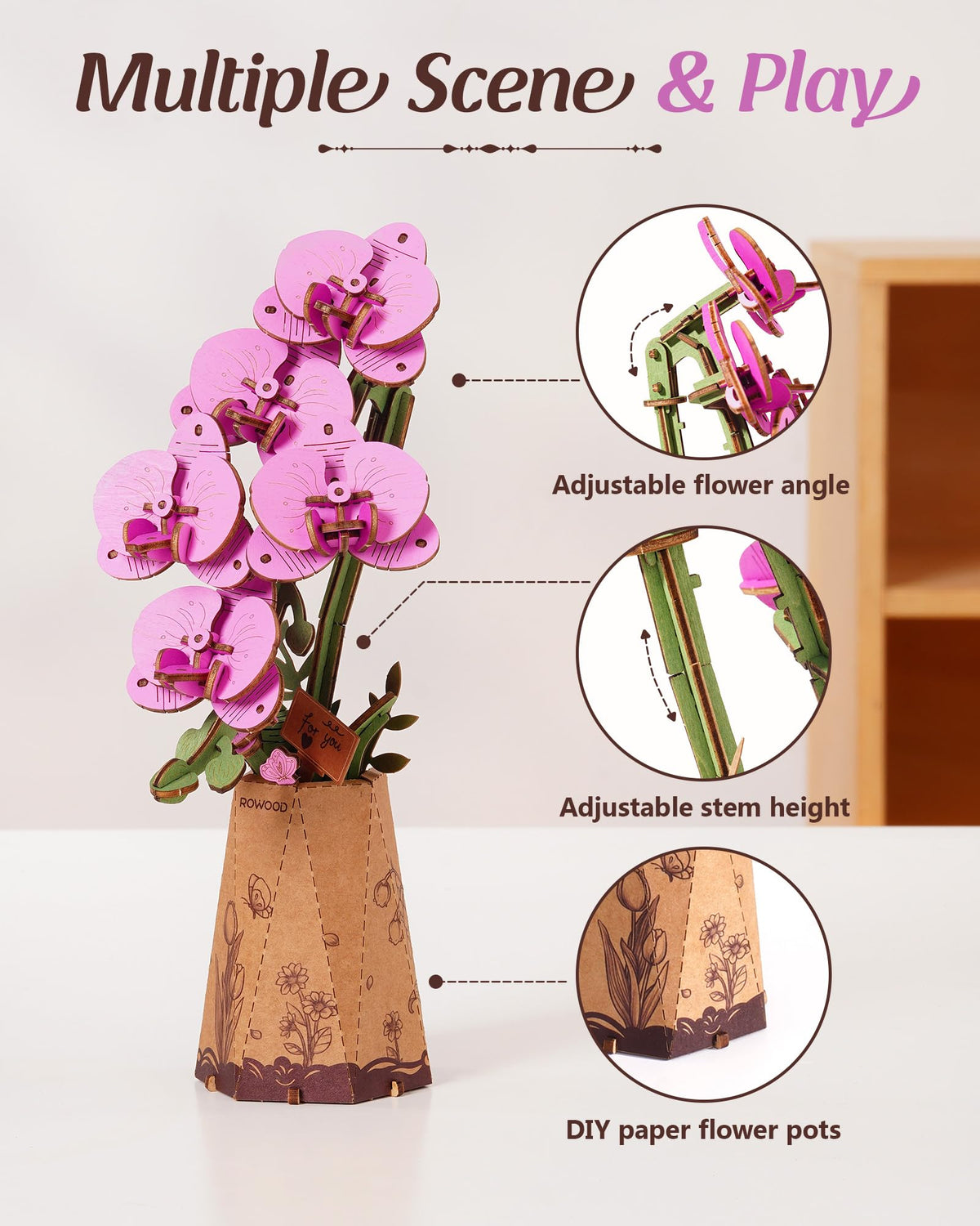 Rowood Wooden Flower Kit — 3D Puzzle for Adults, Purple Moth Orchid Gift