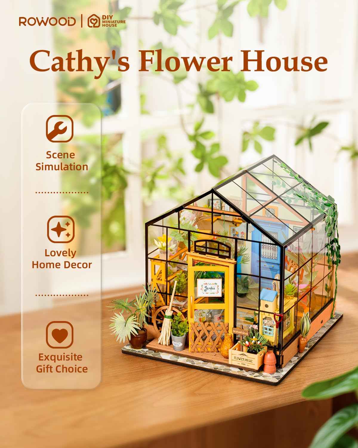 Rowood Cathy's Flower House Miniature Kit | DIY Greenhouse Dollhouse for Adults