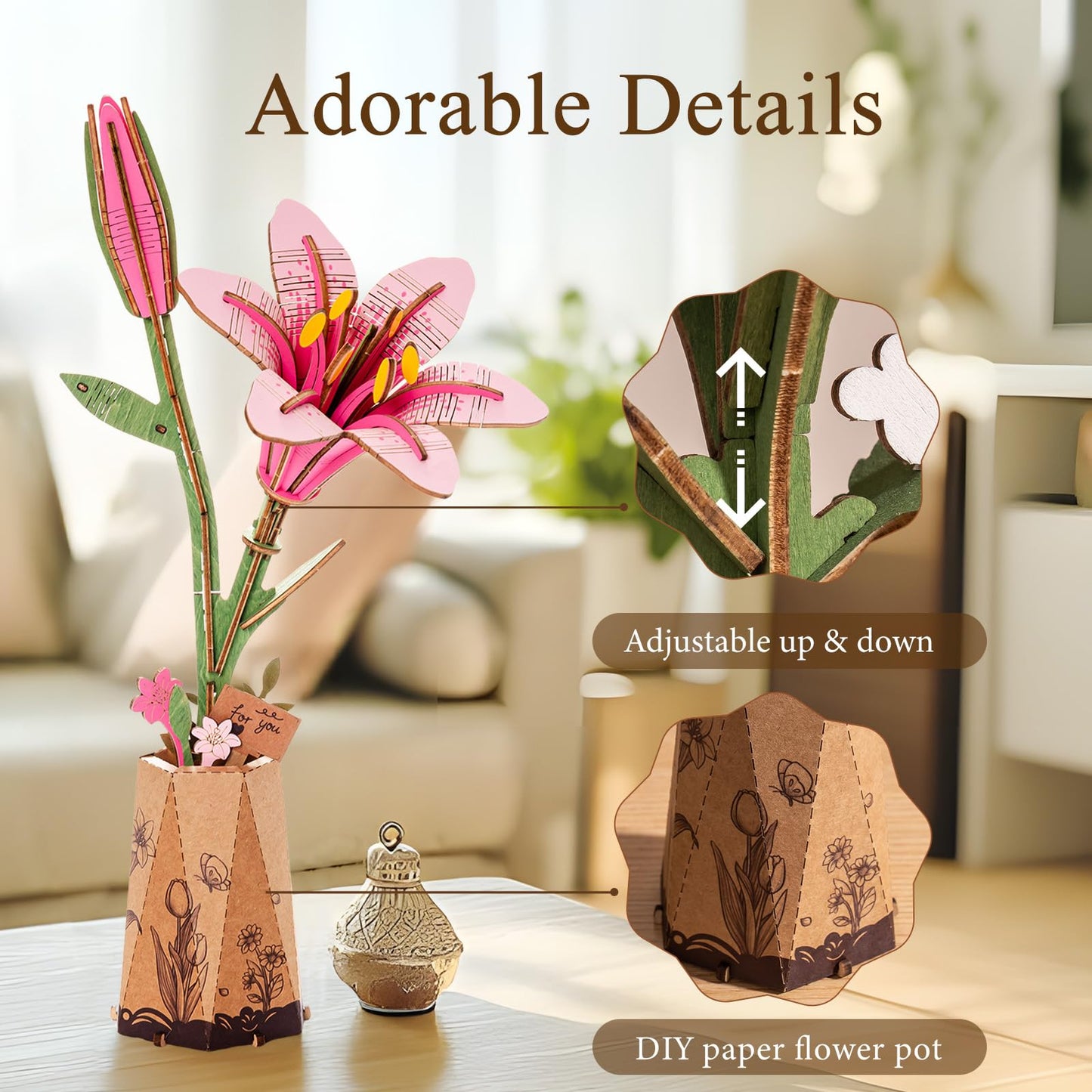 Rowood Wooden Flower Kit – DIY 3D Flower Puzzle for Adults | Pink Lily