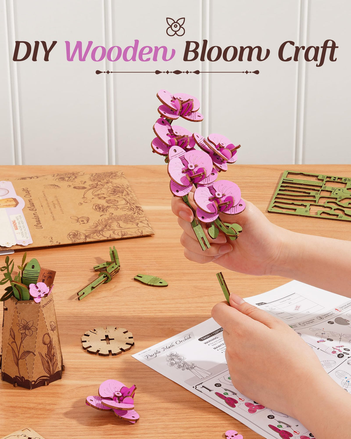 Rowood Wooden Flower Kit — 3D Puzzle for Adults, Purple Moth Orchid Gift