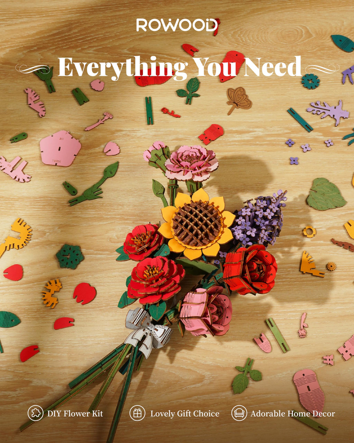 Rowood 3D Puzzle Wooden Flower Kit – Customizable Floral Building Set & Gift