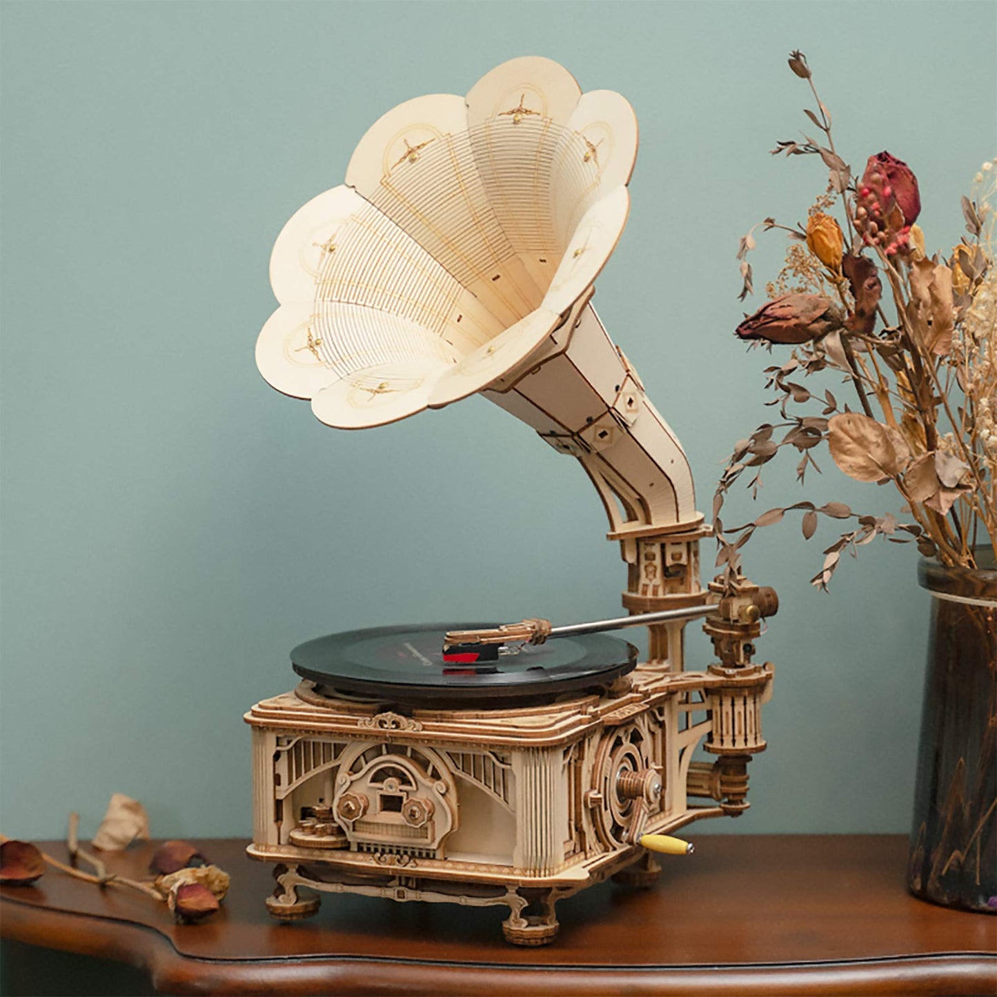 RoWood 3D Wooden Puzzle Gramophone — Mechanical Model Kit to Build, Hand-Cranked Record Player