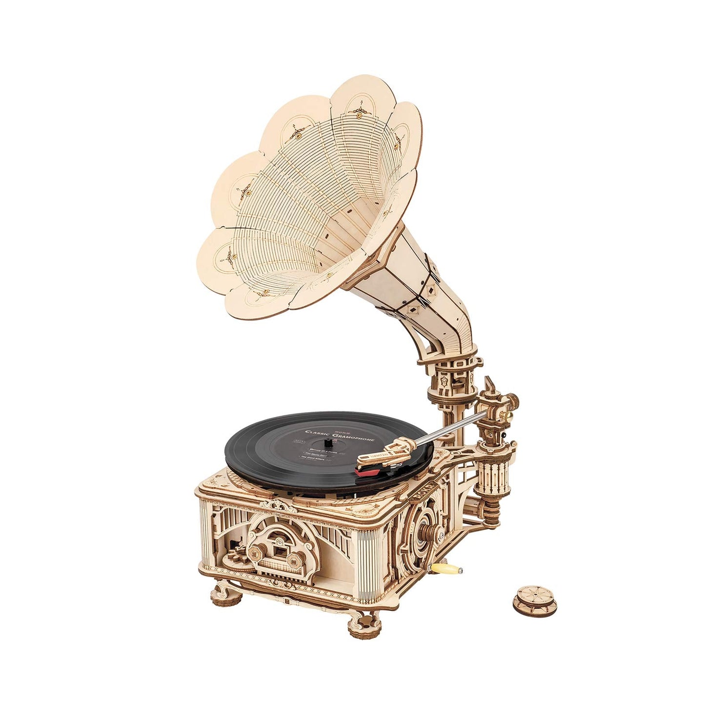 RoWood 3D Wooden Puzzle Gramophone — Mechanical Model Kit to Build, Hand-Cranked Record Player