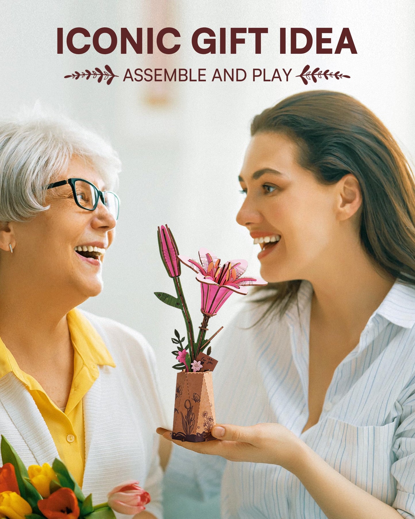 Rowood Wooden Flower Kit – DIY 3D Flower Puzzle for Adults | Pink Lily