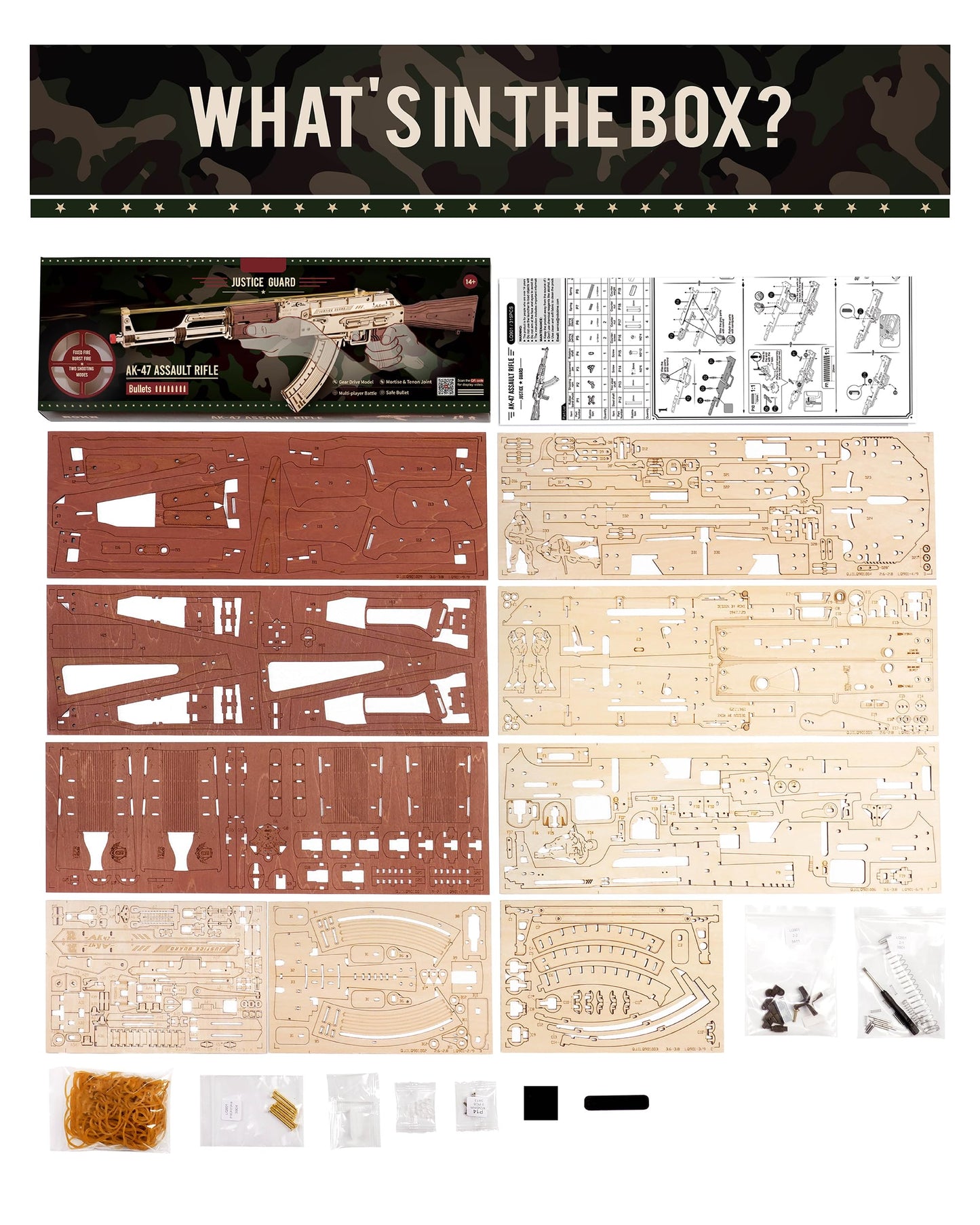 RoWood 3D AK47 Rubber Band Gun Model Kit – Adult Wooden Puzzle, DIY Assembly