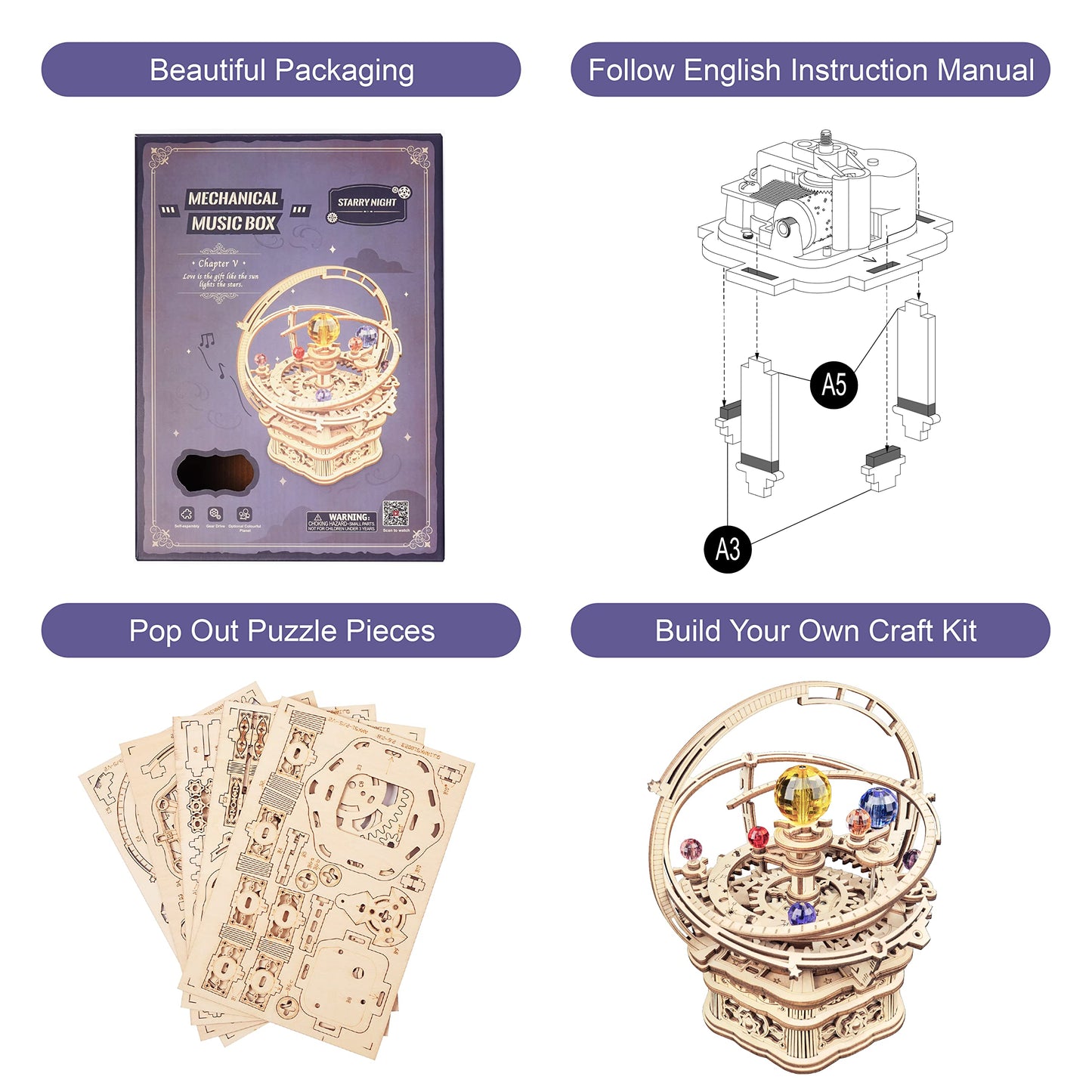 RoWood Starry Night Music Box 3D Puzzle – DIY Wooden Mechanical Kit for Adults