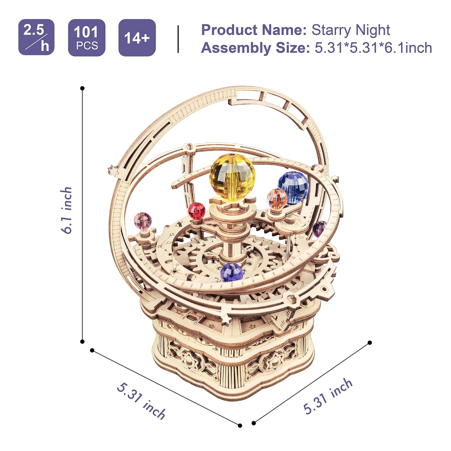 RoWood Starry Night Music Box 3D Puzzle – DIY Wooden Mechanical Kit for Adults