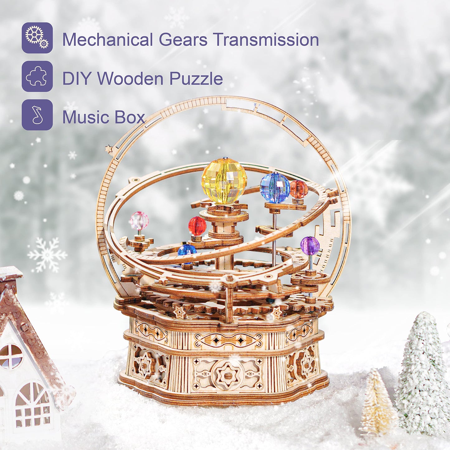 RoWood Starry Night Music Box 3D Puzzle – DIY Wooden Mechanical Kit for Adults