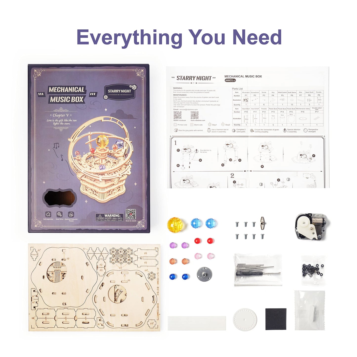 RoWood Starry Night Music Box 3D Puzzle – DIY Wooden Mechanical Kit for Adults