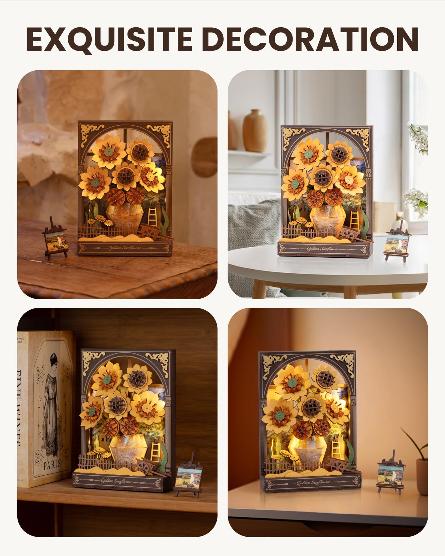 rowood Sunflower 3D Puzzle with LED | Van Gogh Inspired Wooden Art Kit for Adults
