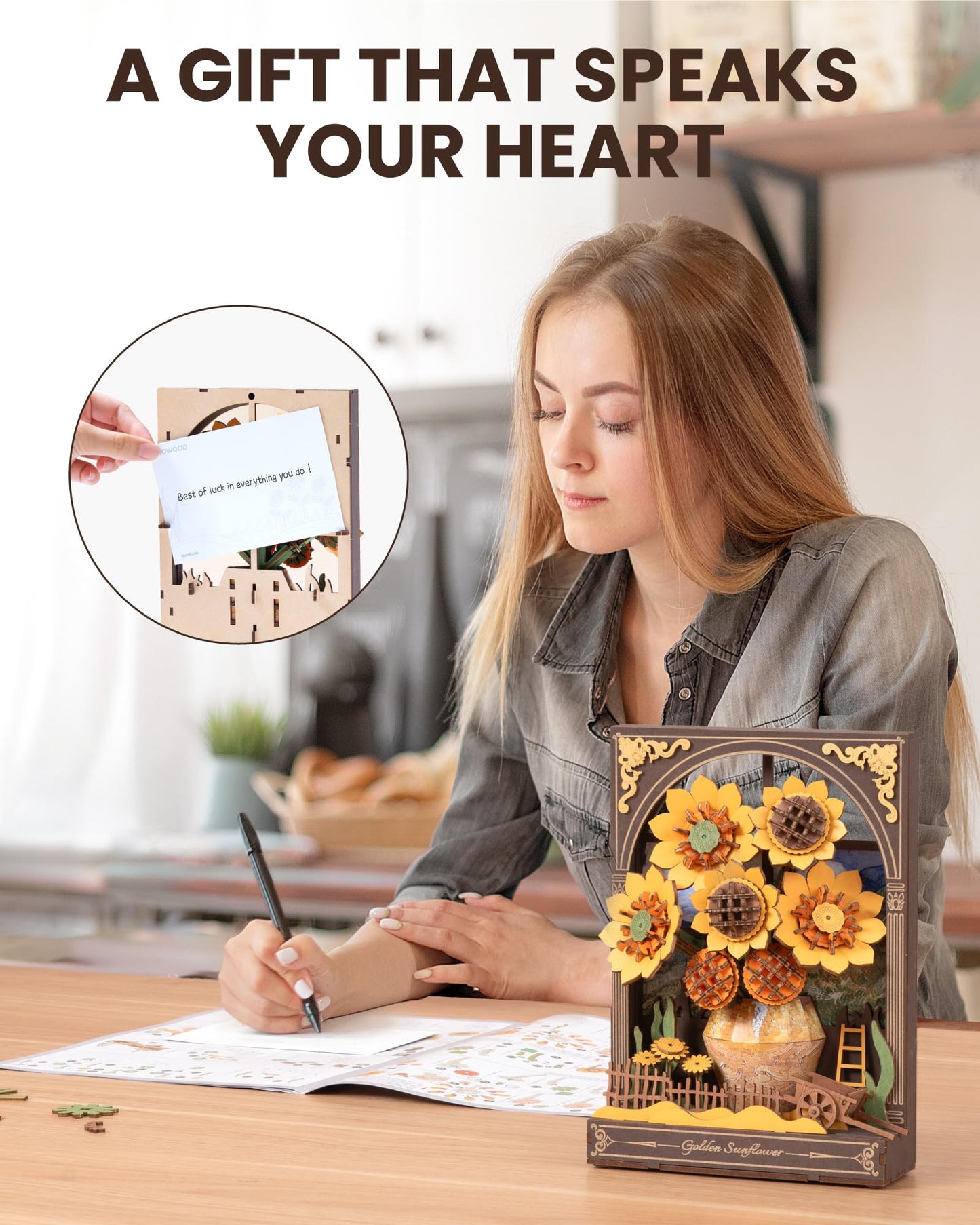 rowood Sunflower 3D Puzzle with LED | Van Gogh Inspired Wooden Art Kit for Adults