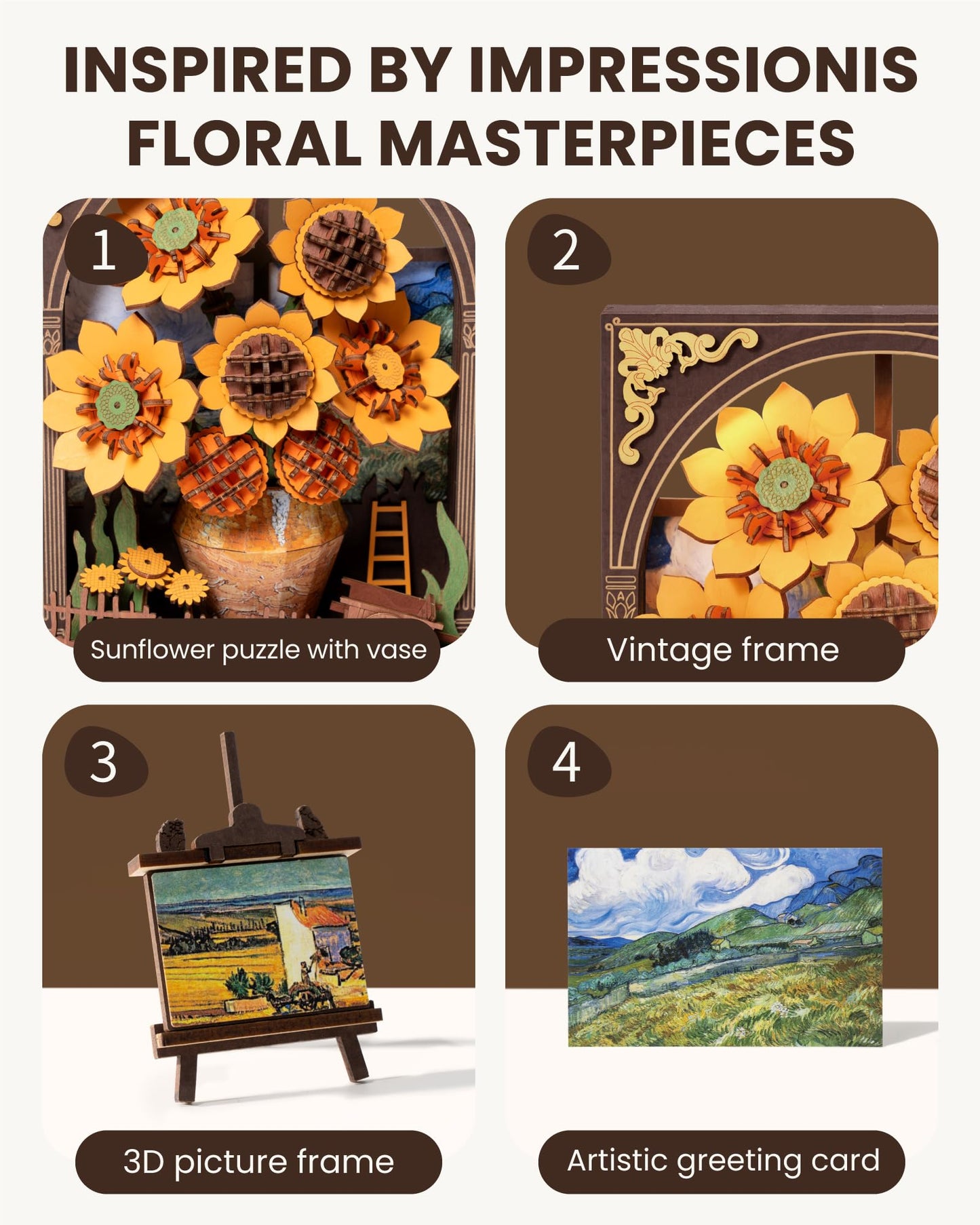 rowood Sunflower 3D Puzzle with LED | Van Gogh Inspired Wooden Art Kit for Adults