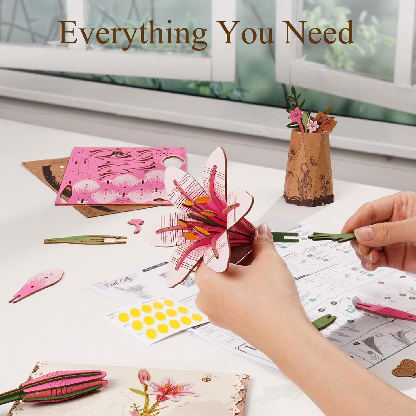 Rowood Wooden Flower Kit – DIY 3D Flower Puzzle for Adults | Pink Lily