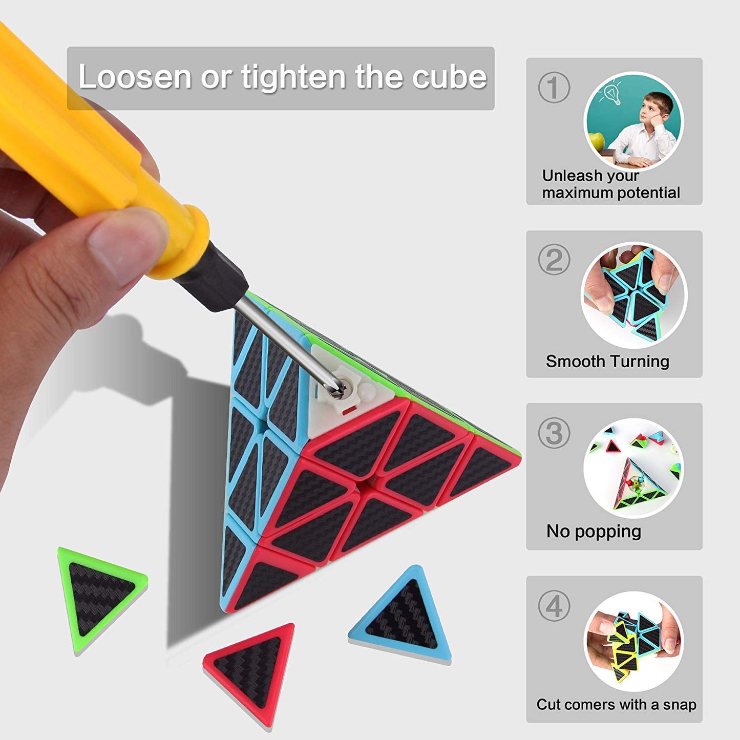 Roxenda Pyramid Speed Cube 3x3x3 Qiming Pyramid – Carbon Fiber Sticker, Pre-Lubed & Tensioned