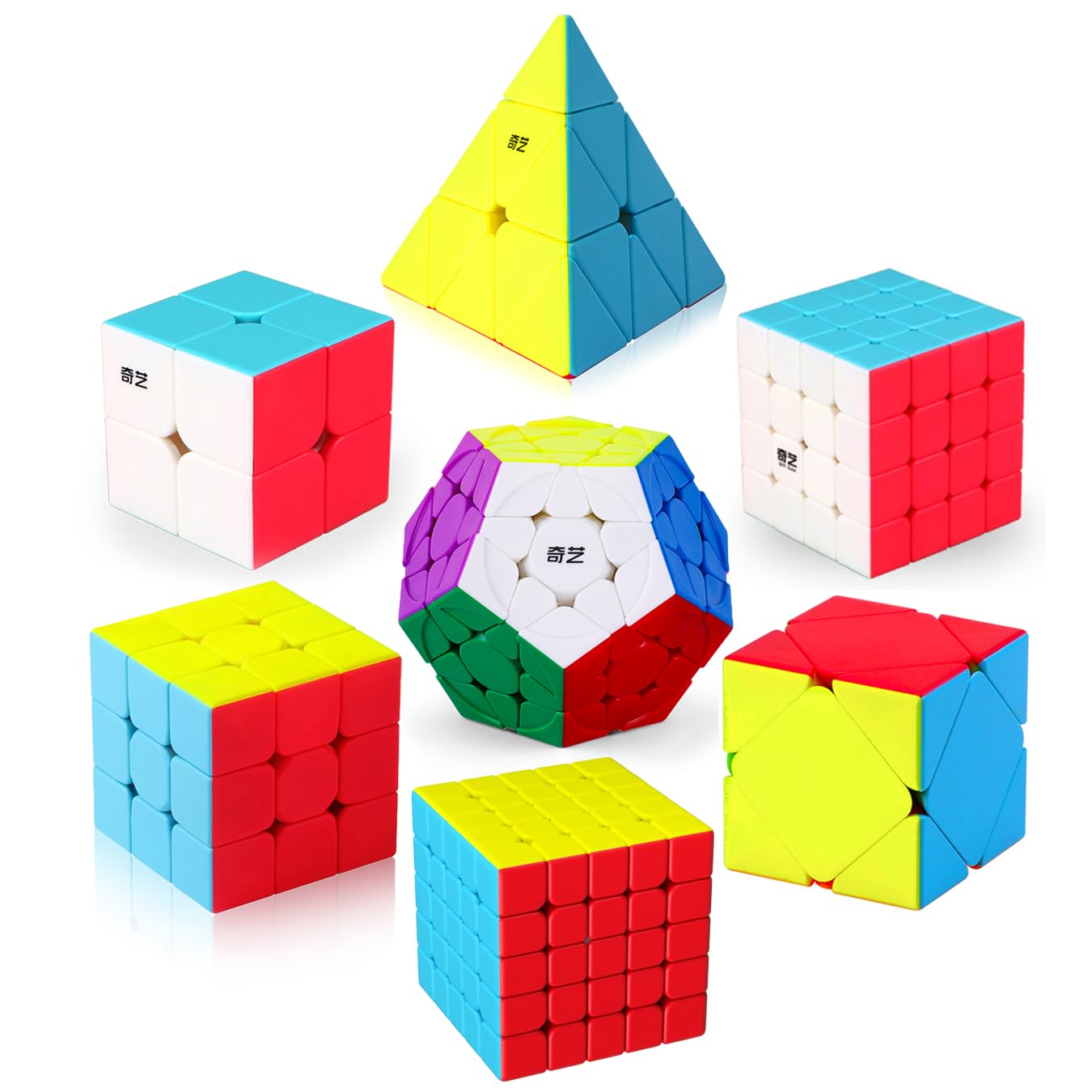 Roxenda Speed Cube Set – 2x2 to 5x5, Skew, Megaminx & Pyramid (7 Pack)