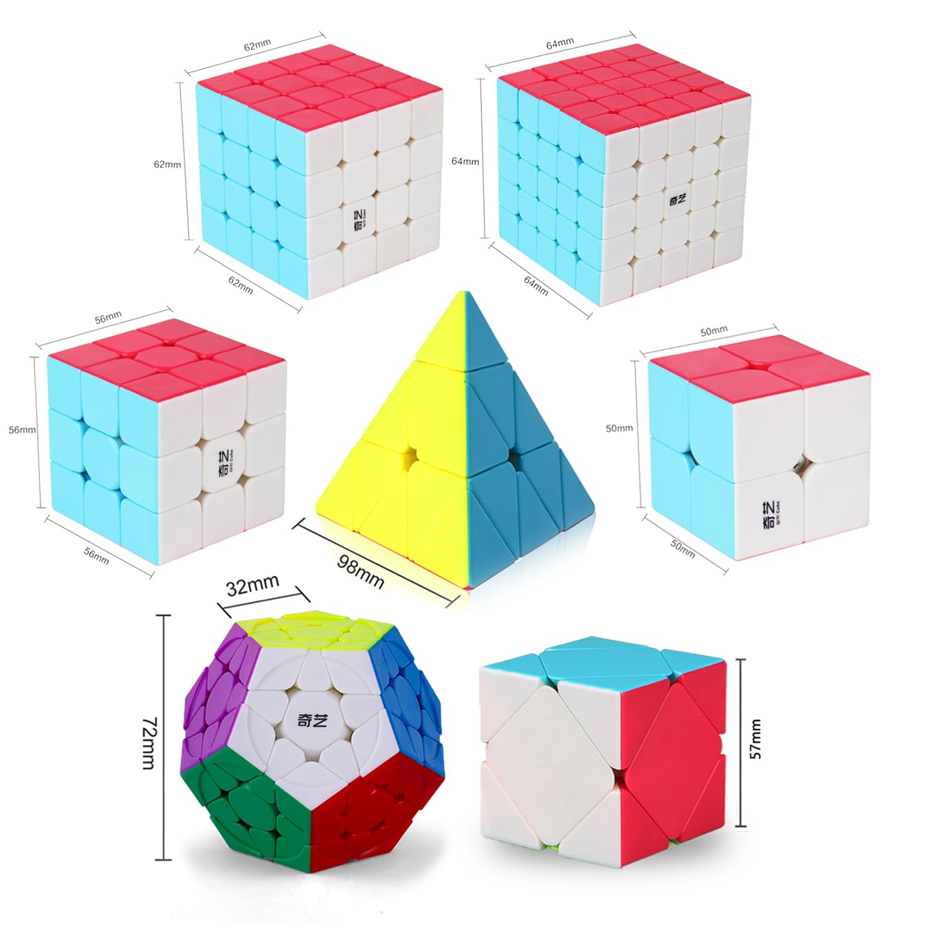 Roxenda Speed Cube Set – 2x2 to 5x5, Skew, Megaminx & Pyramid (7 Pack)