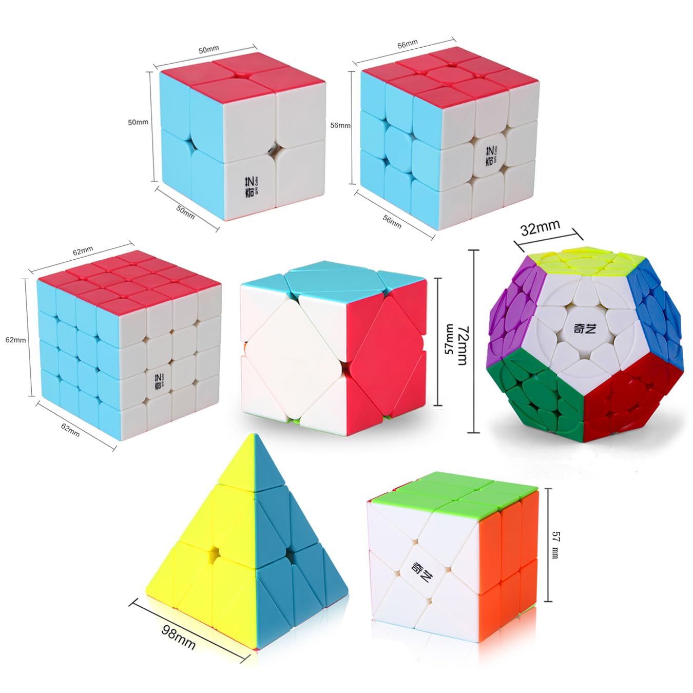 Roxenda Speed Cube Bundle – 7-Piece Stickerless Cube Set (2x2, 3x3, 4x4, Megaminx, Windmill, Pyraminx, Skew)