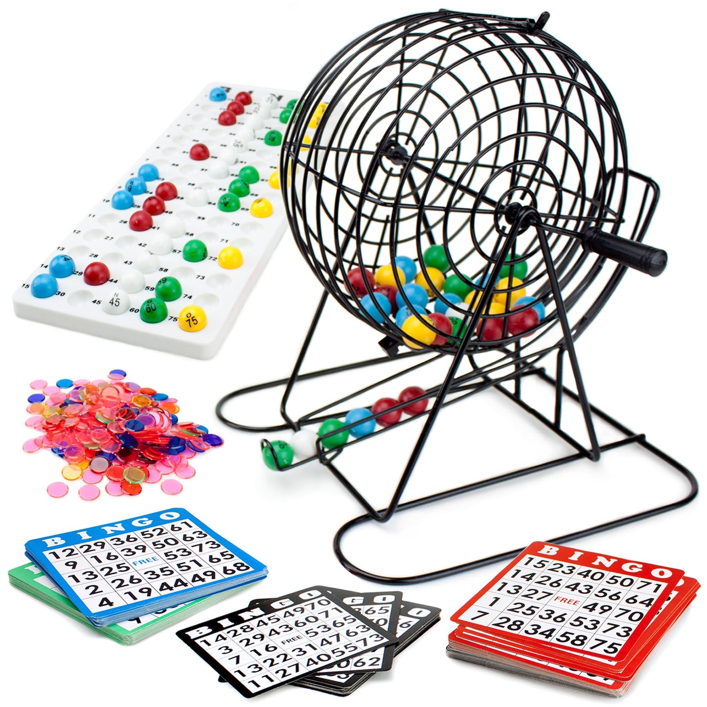 Royal Bingo Supplies Jumbo 12-Inch Tall Bingo Game Set – 75 Balls, XL Roller Cage & Board | 100 Cards, 500 Chips