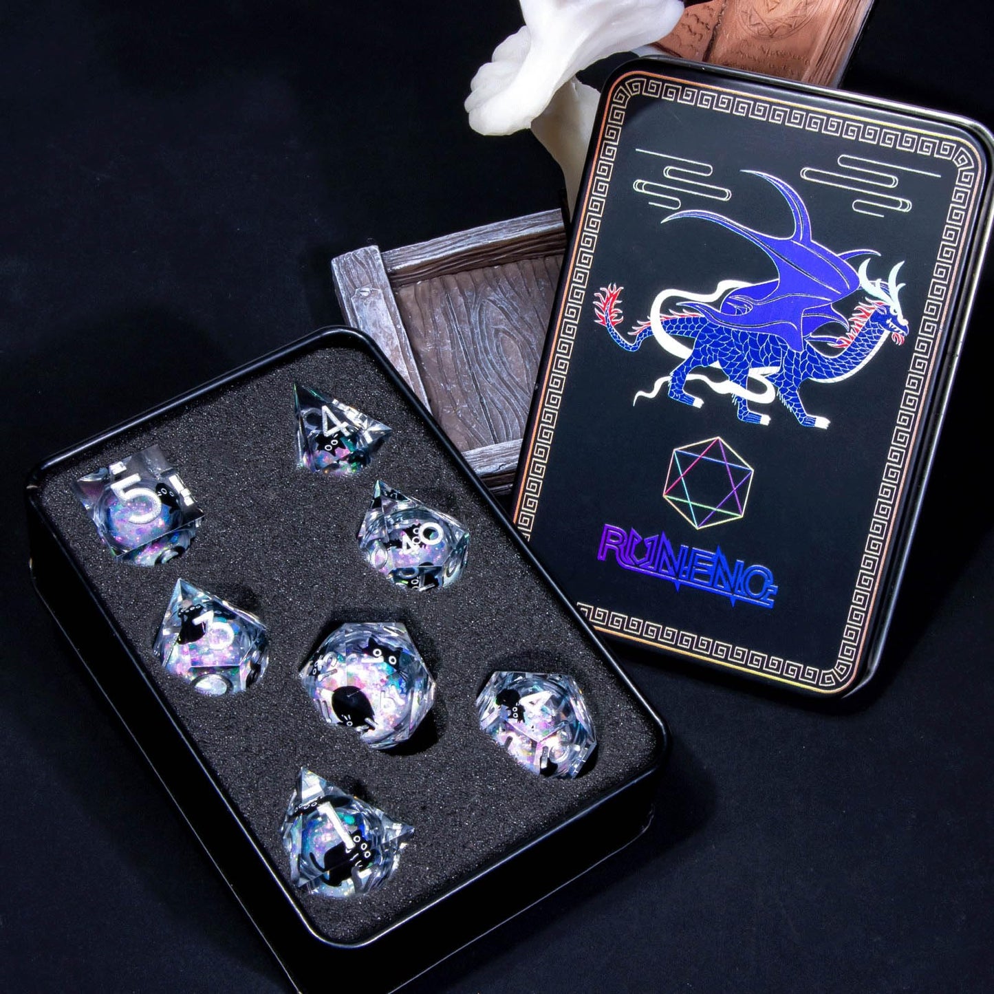 Roycevon Resin DND Dice Set – 7pc Liquid Core Cat Dice in Gift Box | Rainbow White