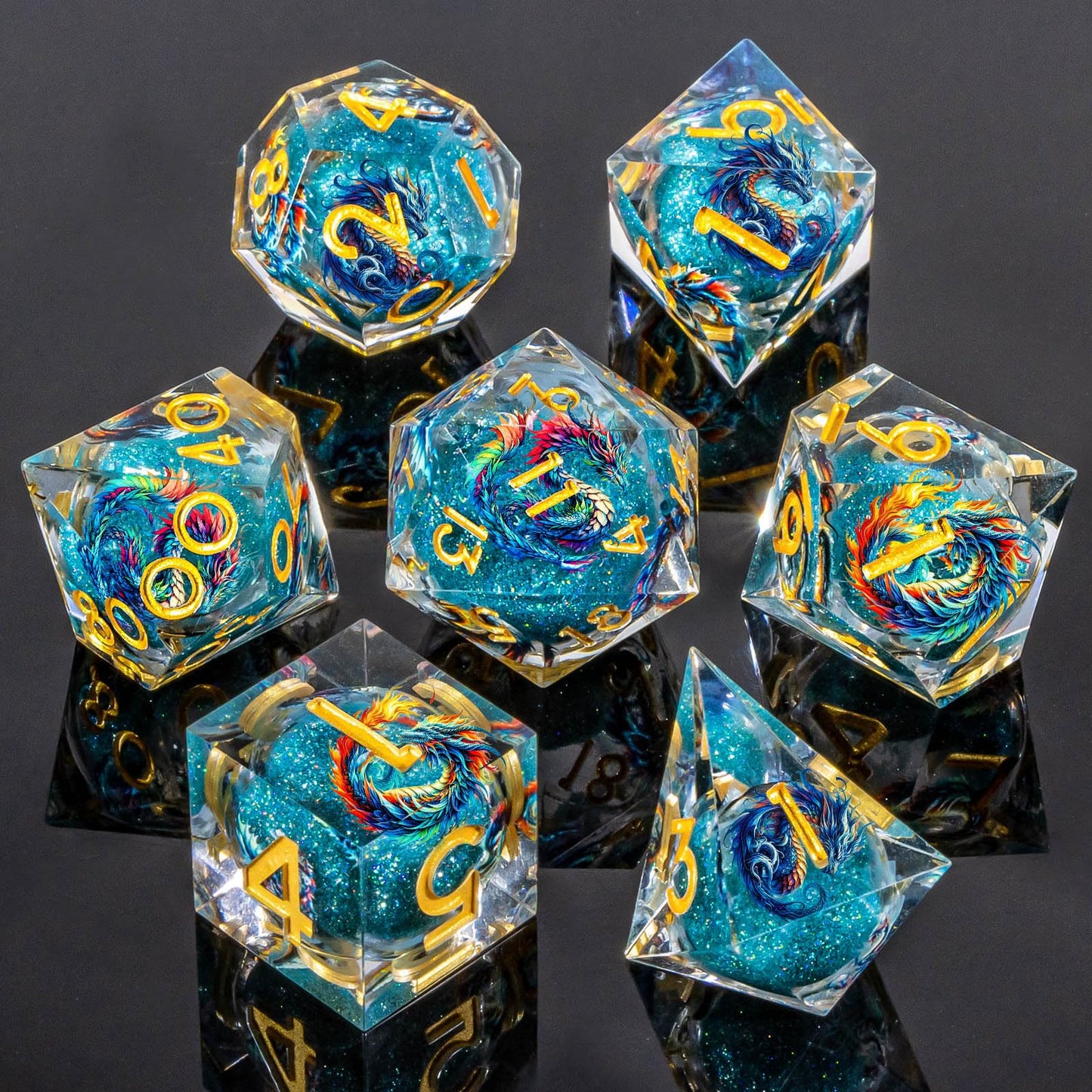 Roycevon Dragon Pattern Resin DND Dice Set – 7-Piece Sharp-Edge Dice + Gift Box