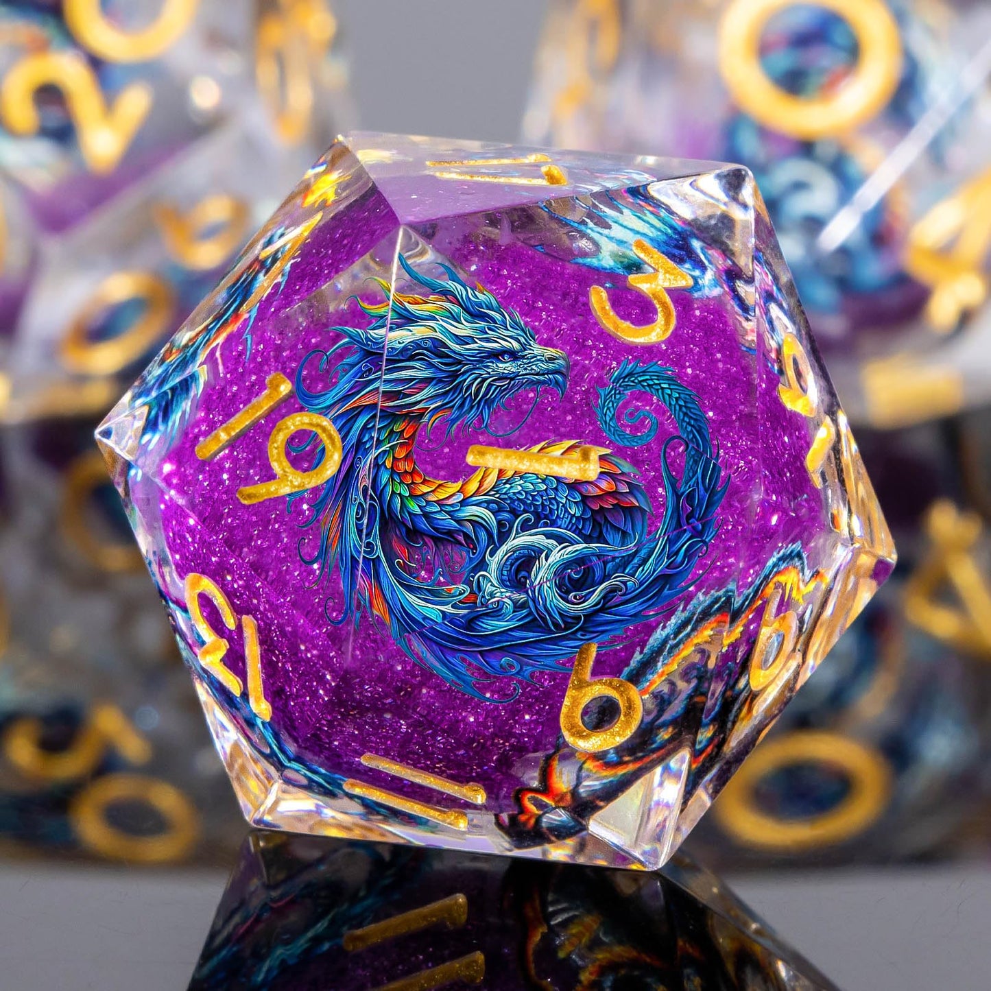 Roycevon Dragon Pattern 7-Piece DND Dice Set – Sharp-Edge Purple Resin with Gift Box