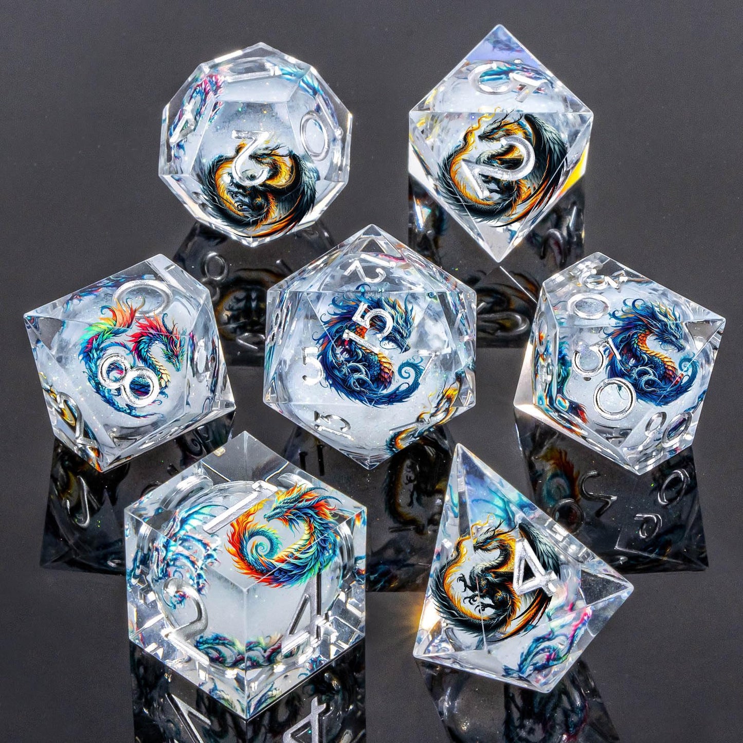Roycevon Dragon Pattern Liquid Core DND Dice Set — 7-Piece Sharp Edge D&D Dice with Gift Box