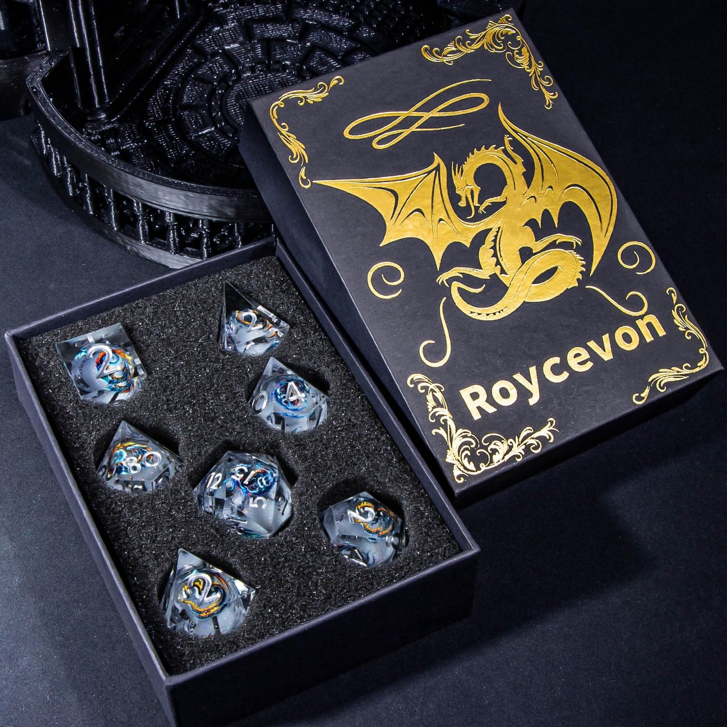 Roycevon Dragon Pattern Liquid Core DND Dice Set — 7-Piece Sharp Edge D&D Dice with Gift Box