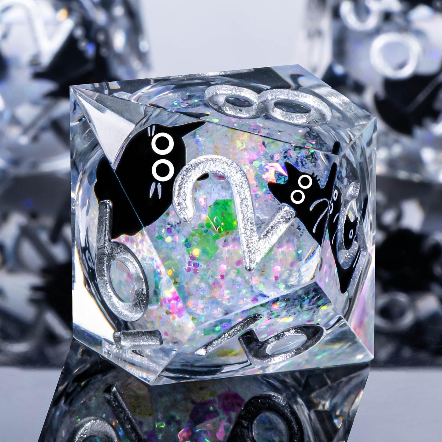 Roycevon Resin DND Dice Set – 7pc Liquid Core Cat Dice in Gift Box | Rainbow White