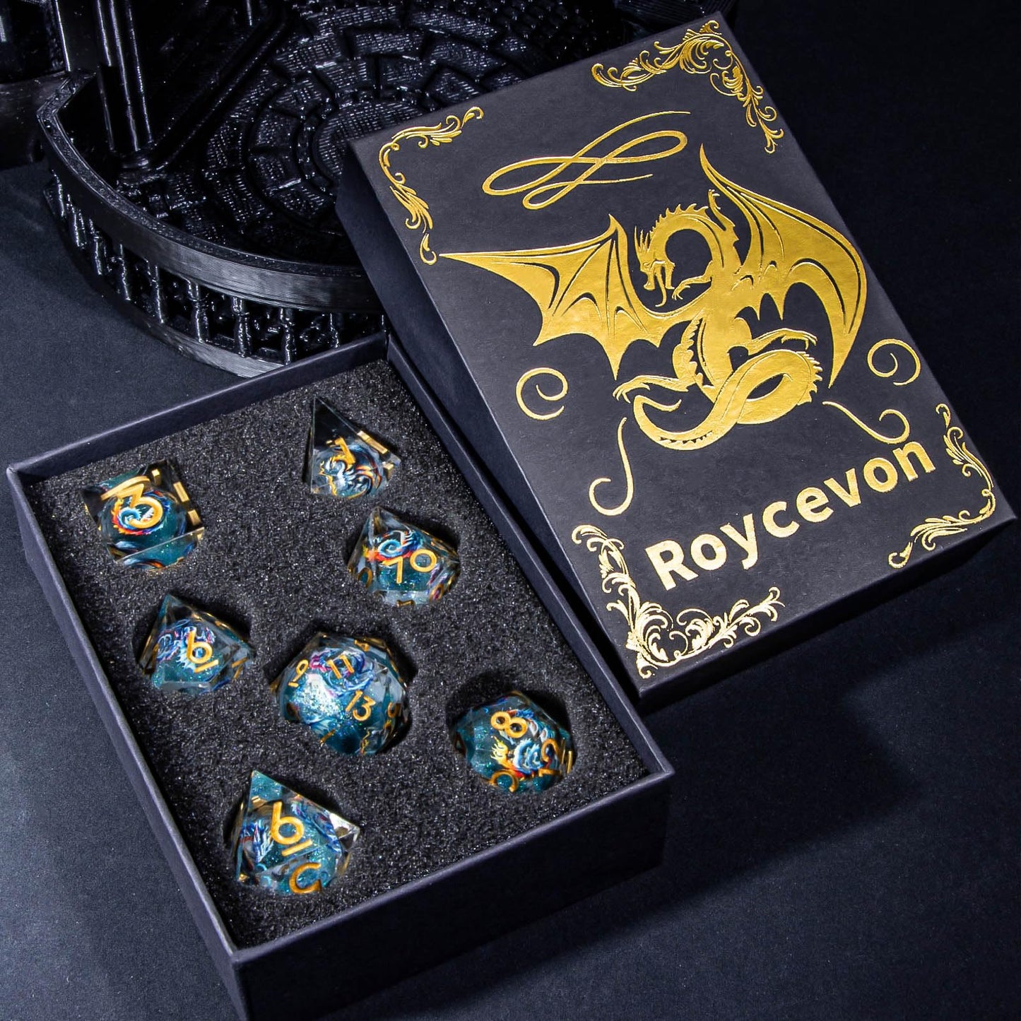 Roycevon Dragon Pattern Resin DND Dice Set – 7-Piece Sharp-Edge Dice + Gift Box