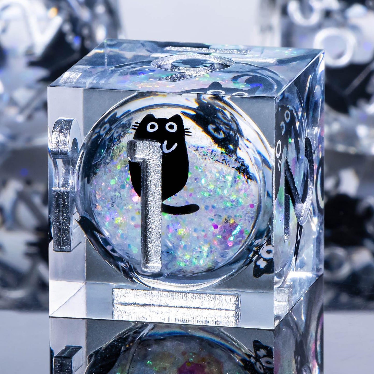 Roycevon Resin DND Dice Set – 7pc Liquid Core Cat Dice in Gift Box | Rainbow White