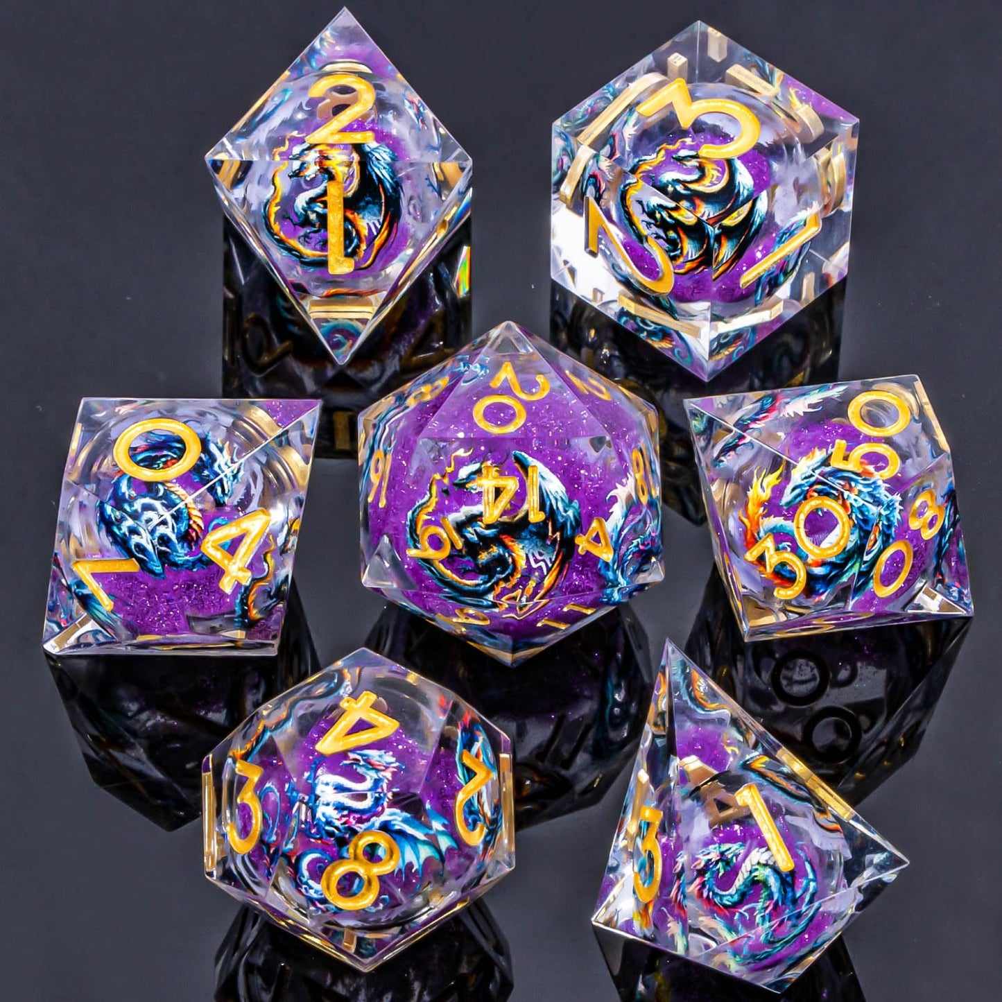 Roycevon Dragon Pattern 7-Piece DND Dice Set – Sharp-Edge Purple Resin with Gift Box