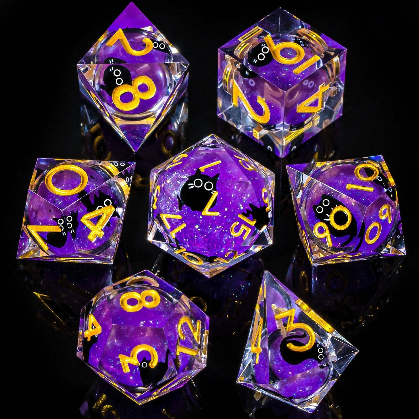 Roycevon Resin DND Dice Set - 7pc Liquid Core Cat Dice with Gift Box (Purple)