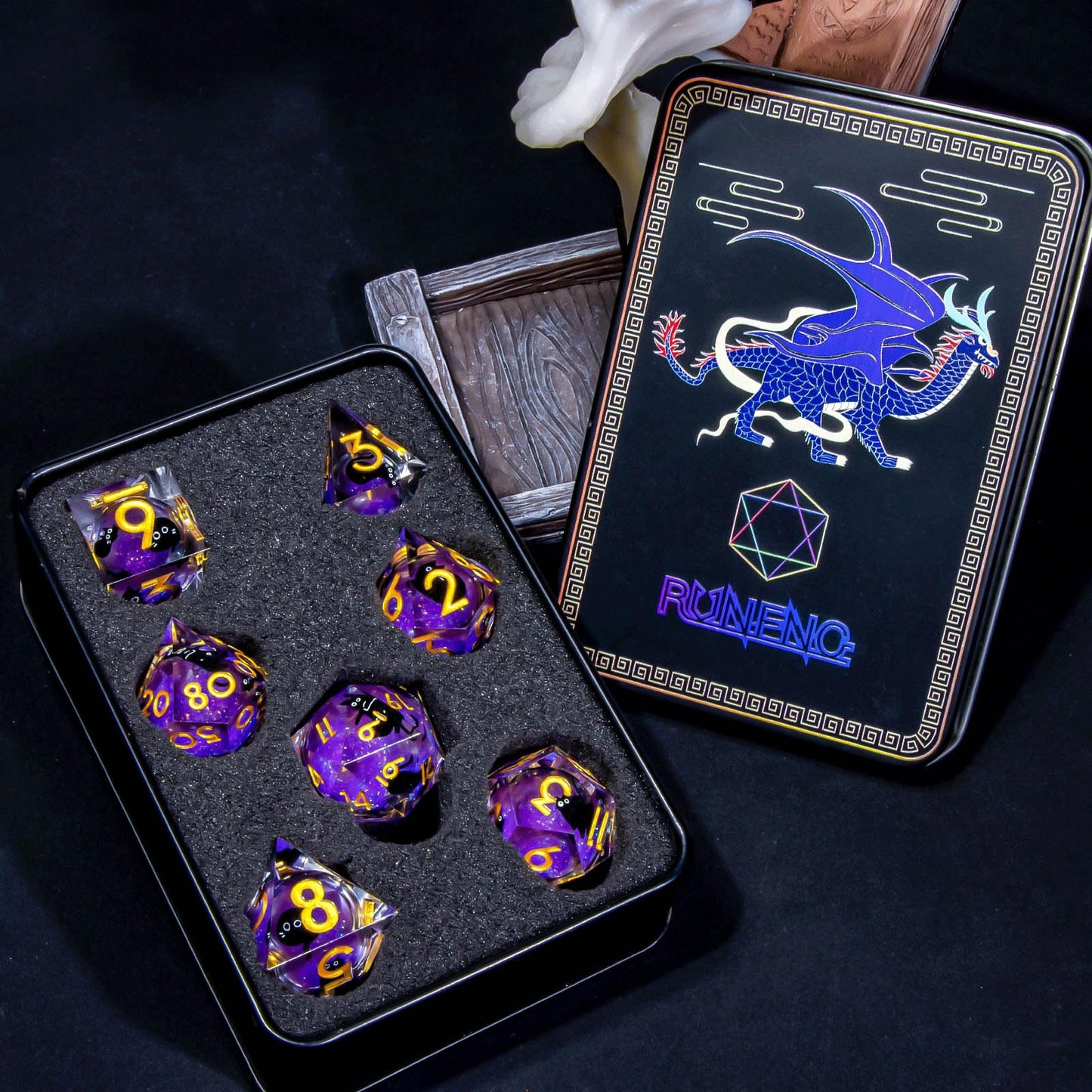 Roycevon Resin DND Dice Set - 7pc Liquid Core Cat Dice with Gift Box (Purple)