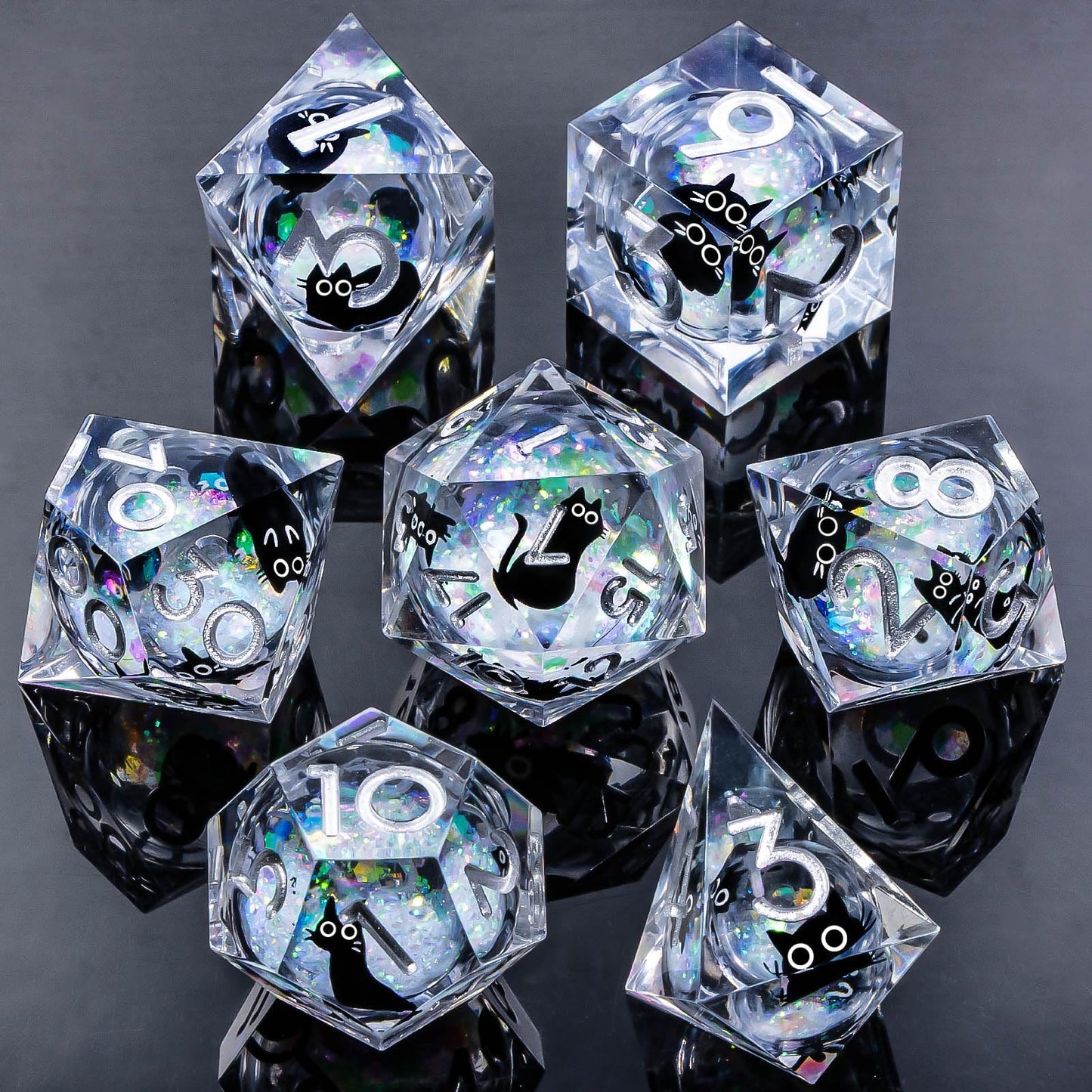 Roycevon Resin DND Dice Set – 7pc Liquid Core Cat Dice in Gift Box | Rainbow White