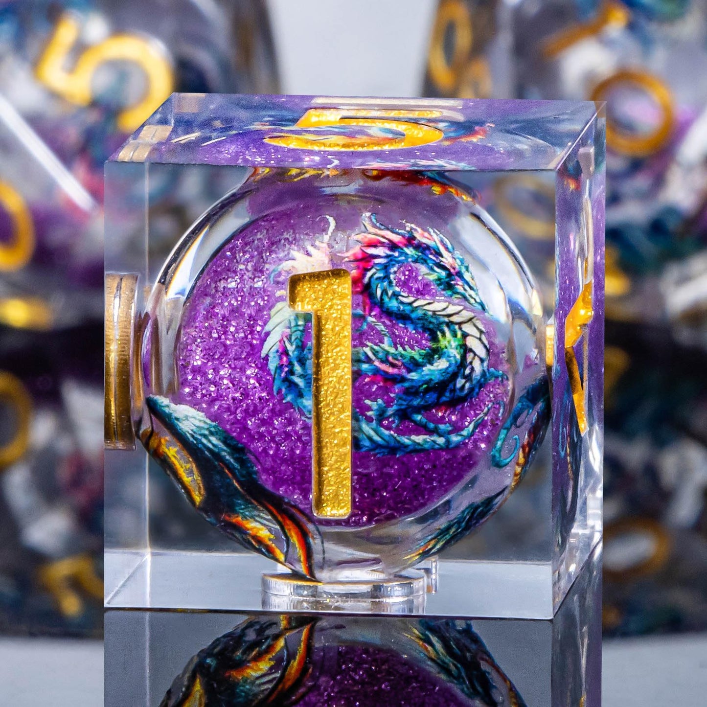 Roycevon Dragon Pattern 7-Piece DND Dice Set – Sharp-Edge Purple Resin with Gift Box