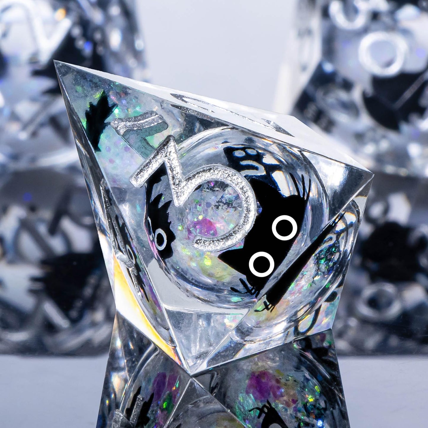 Roycevon Resin DND Dice Set – 7pc Liquid Core Cat Dice in Gift Box | Rainbow White