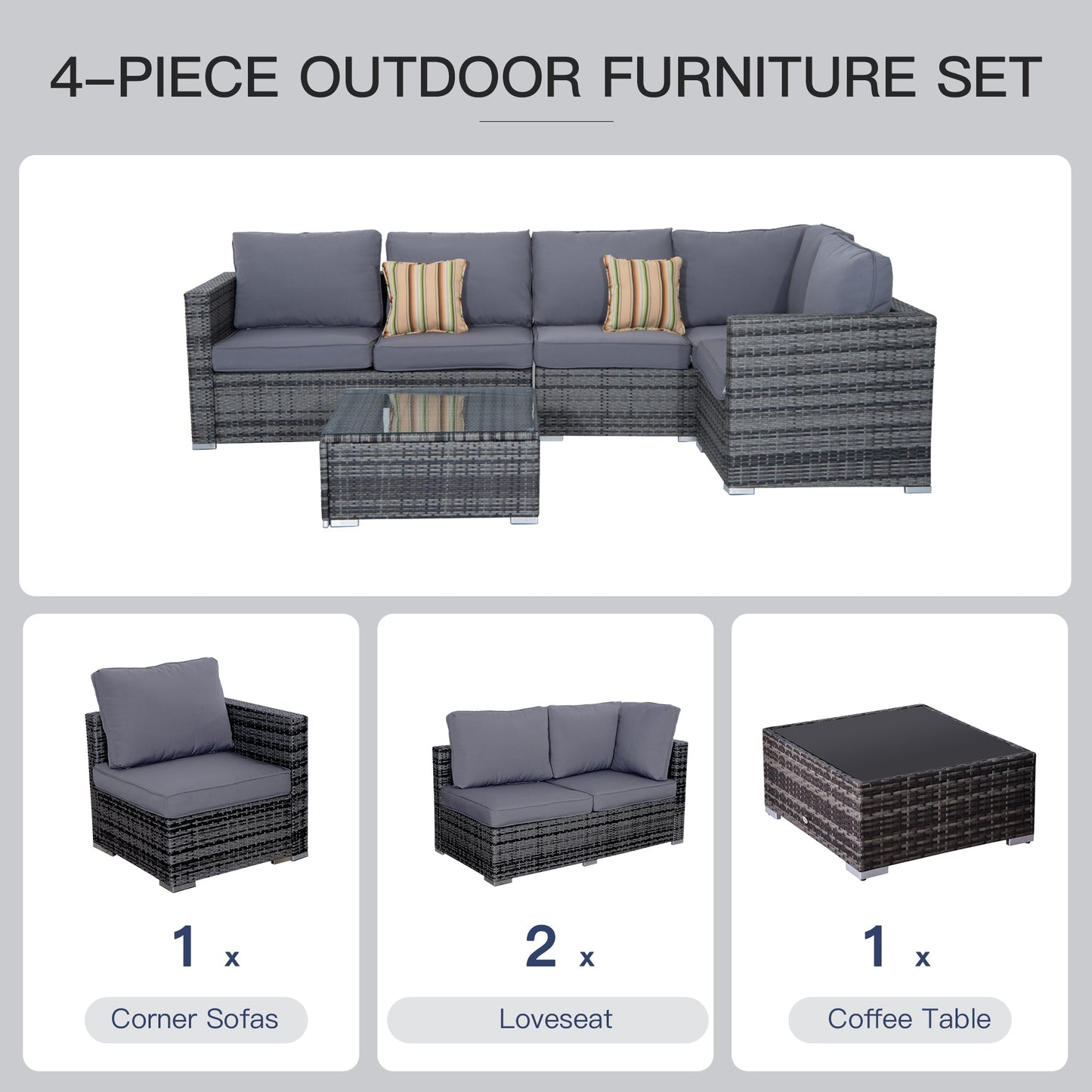 Outsunny Corner Rattan Garden Set - 4 PC Grey - For any Garden, Patio, or Conservatory