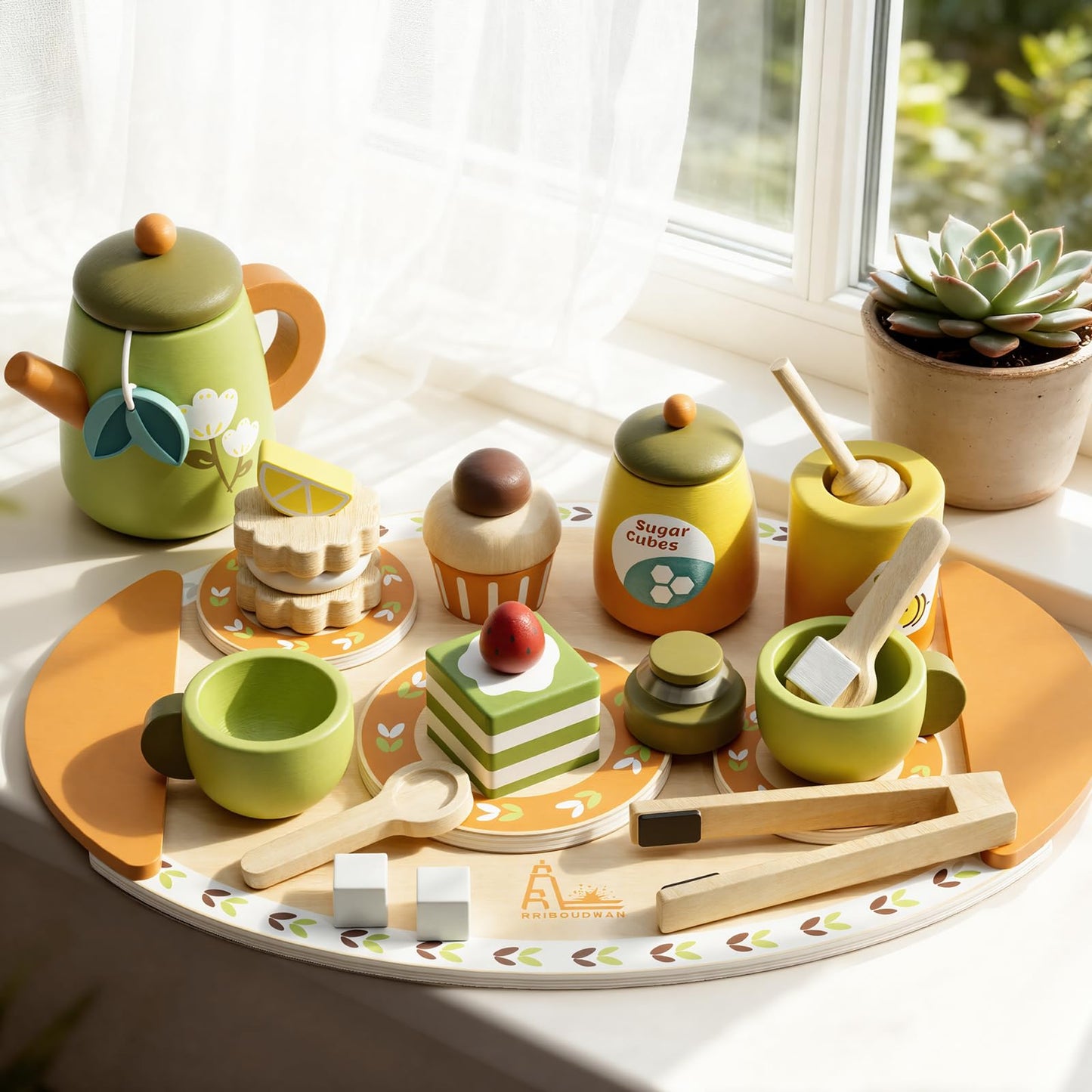 RRIBOUDWAN Wooden Tea Set for Toddlers | Pretend Play Tea Party Toys Age 2-6