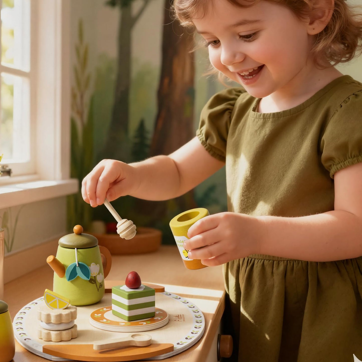 RRIBOUDWAN Wooden Tea Set for Toddlers | Pretend Play Tea Party Toys Age 2-6
